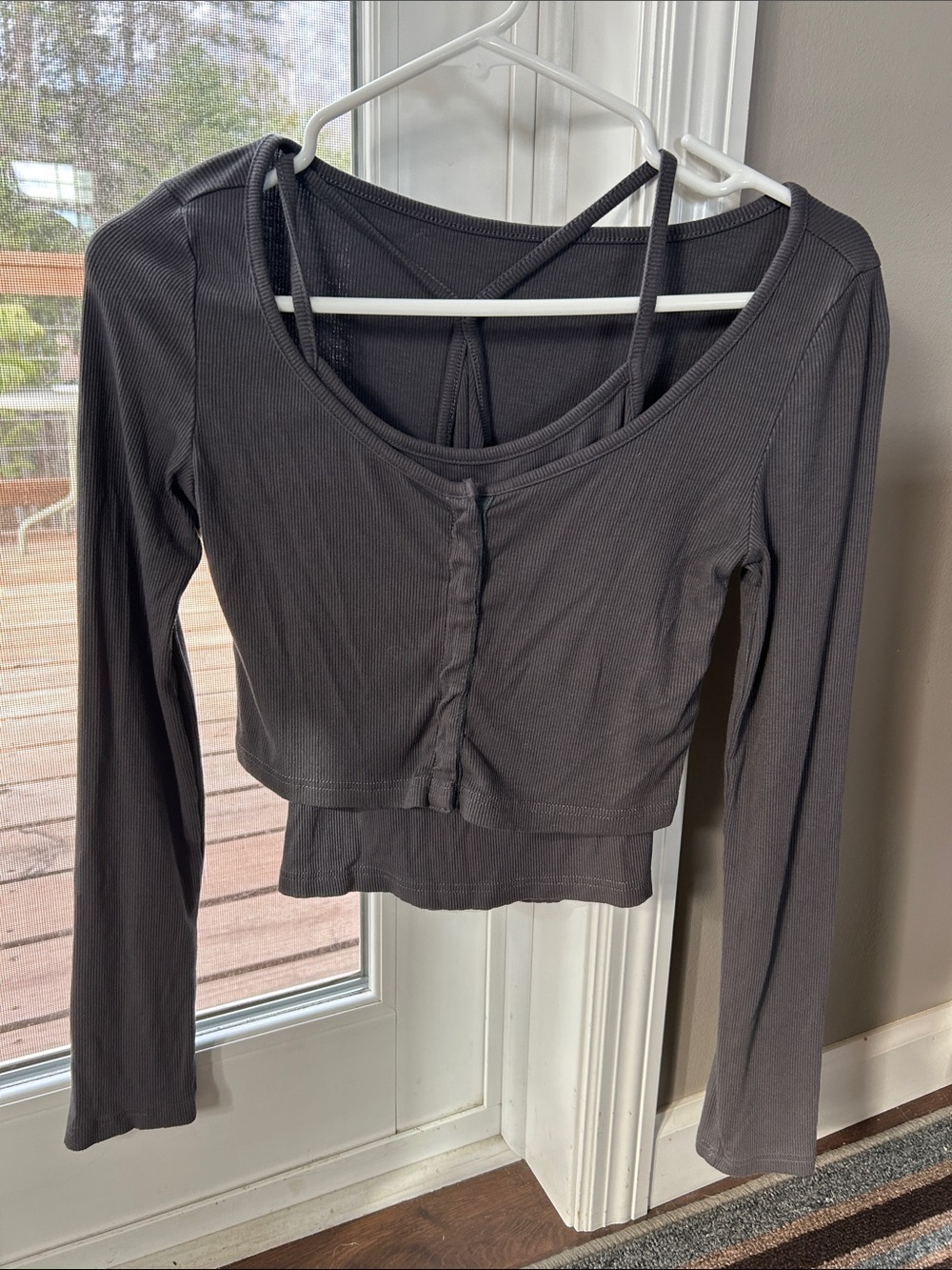 2-in1 Ribbed Long-Sleeve and Tank Cropped Top with Strappy Back in Charcoal